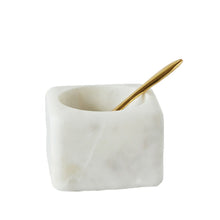 Load image into Gallery viewer, 3&quot; Square x 2-1/2&quot;H 2 oz. White Marble Bowl w/ Brass Spoon
