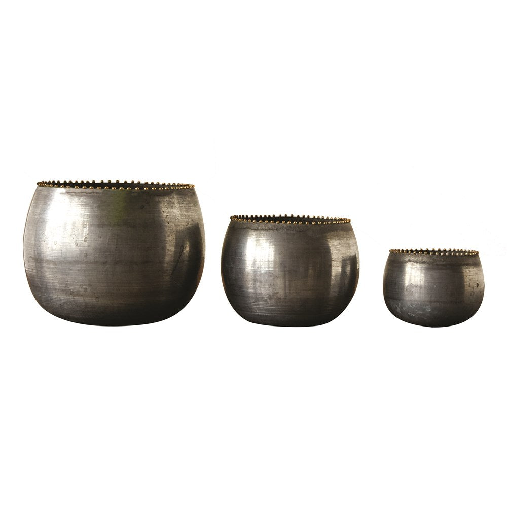 Round Metal Planters, Zinc Finish, Set of 3