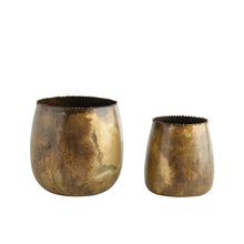 Load image into Gallery viewer, 5-1/4&quot; Round x 5&quot;H &amp; 4&quot; Round x 4&quot;H Metal Planters, Distressed Brass Finish, Set of 2

