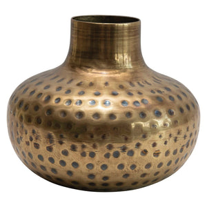 5" Round x 4-1/4"H Hammered Metal Vase, Antique Brass Finish