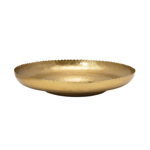 12" Round x 2-1/4"H Decorative Hammered Gold Metal Tray w/ Scalloped Edge, Antique Brass Finish