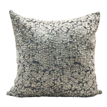 Load image into Gallery viewer, 24&quot; Square Cotton Pillow w/ Velvet Floral Pattern &amp; Kantha Stitch, Grey &amp; Aqua
