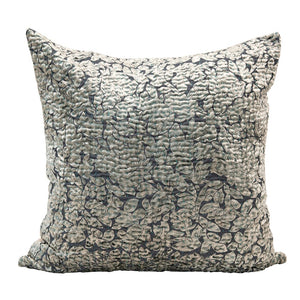 24" Square Cotton Pillow w/ Velvet Floral Pattern & Kantha Stitch, Grey & Aqua